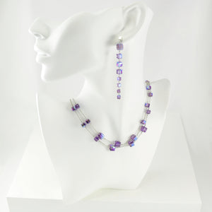 Earring and Necklace set made with sparkling, iridescent blueish purple Swarovski crystal cubes and sterling silver 