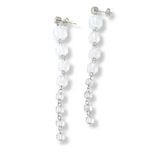 Lightweight earrings made up of milky white Swarovski crystals in cube form and sterling silver links and post