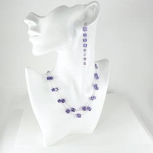 Lightweight necklace and earrings set consisting of purple cubed Tanzanite crystals and sterling silver