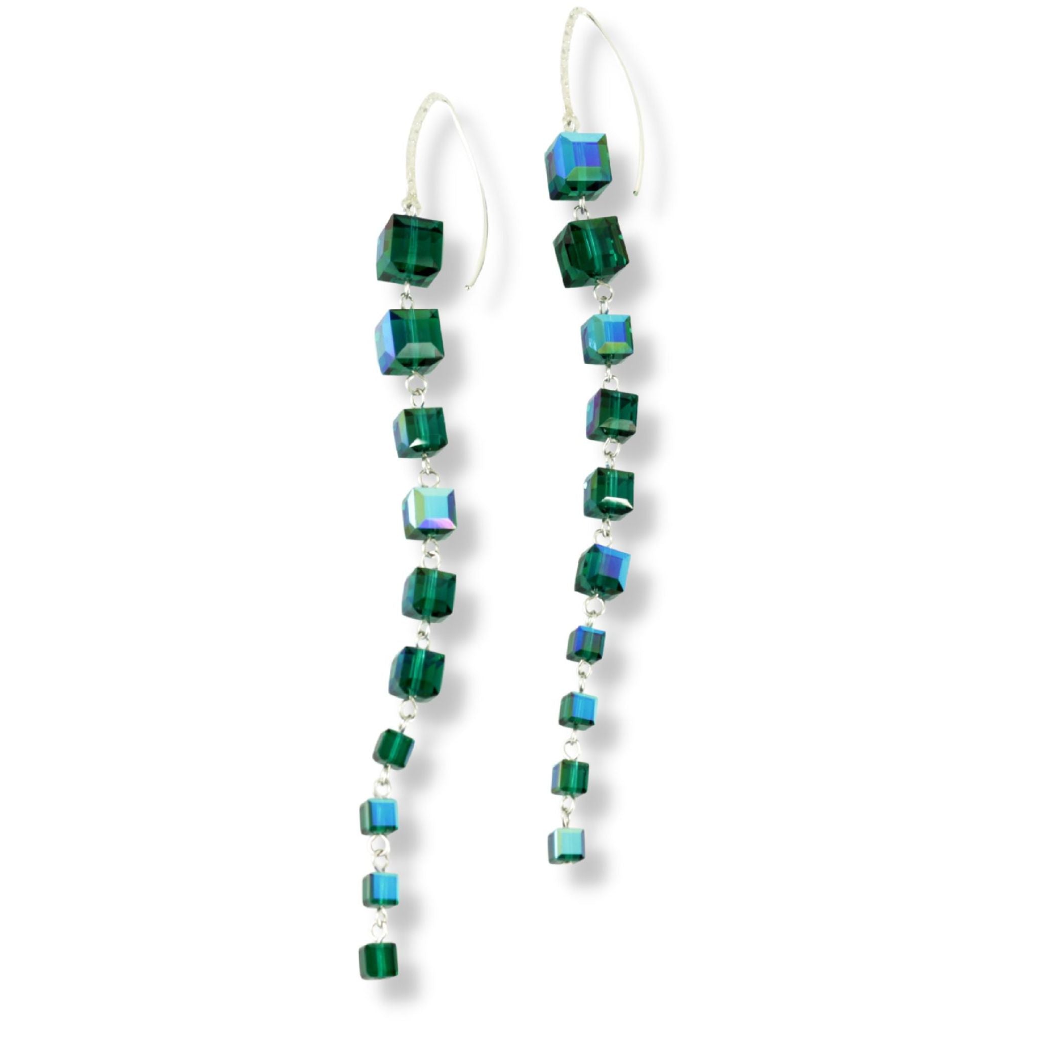 Extra long in length, these vibrant & sparkling emerald green cube shaped earrings are made with 10 Swarovski crystal earrings and connected with sterling silver