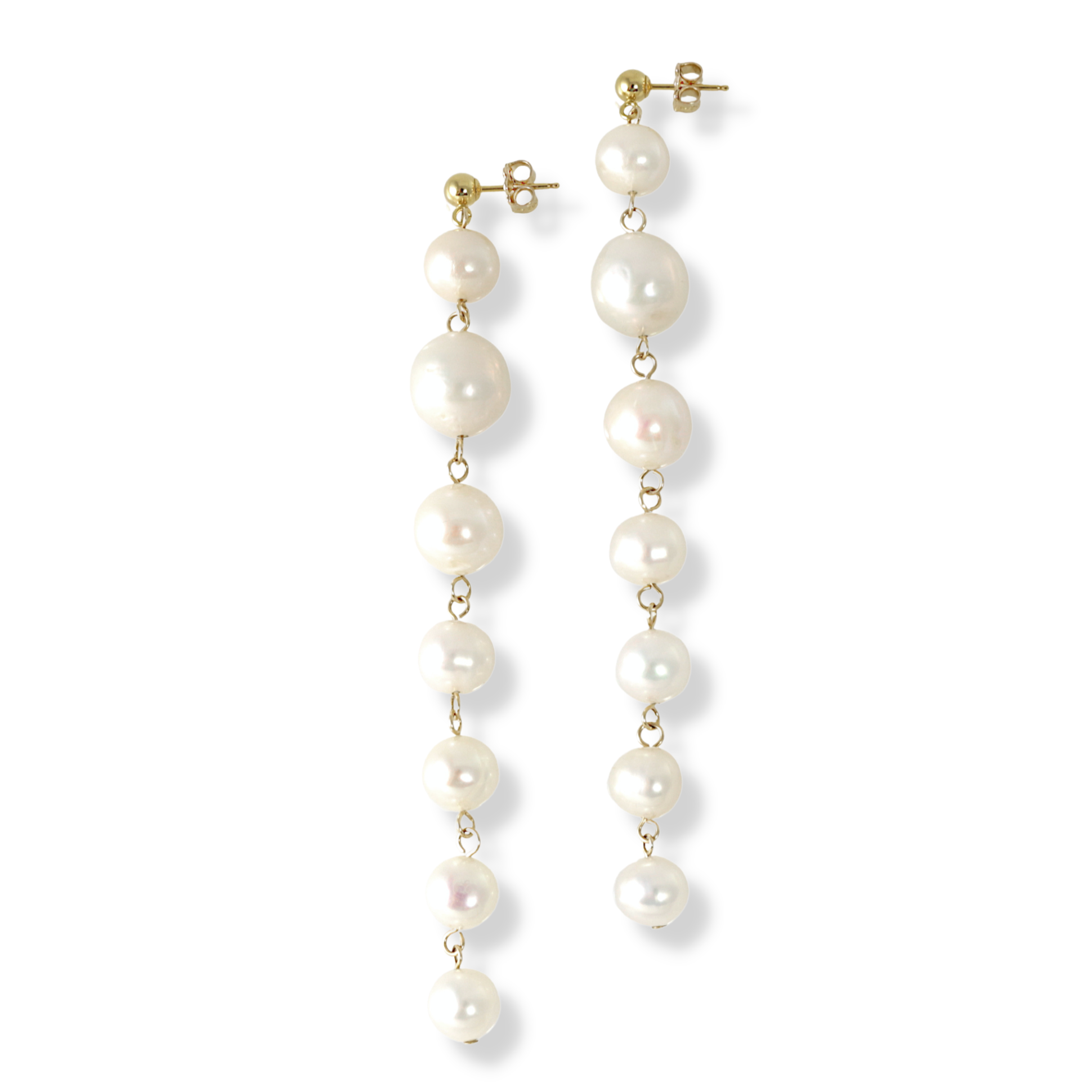 Elegant, white Freshwater pearl earrings consisting of 7 pearls in varying sizes, connected with 14 karat gold filled links and 14 karat gold filled post.