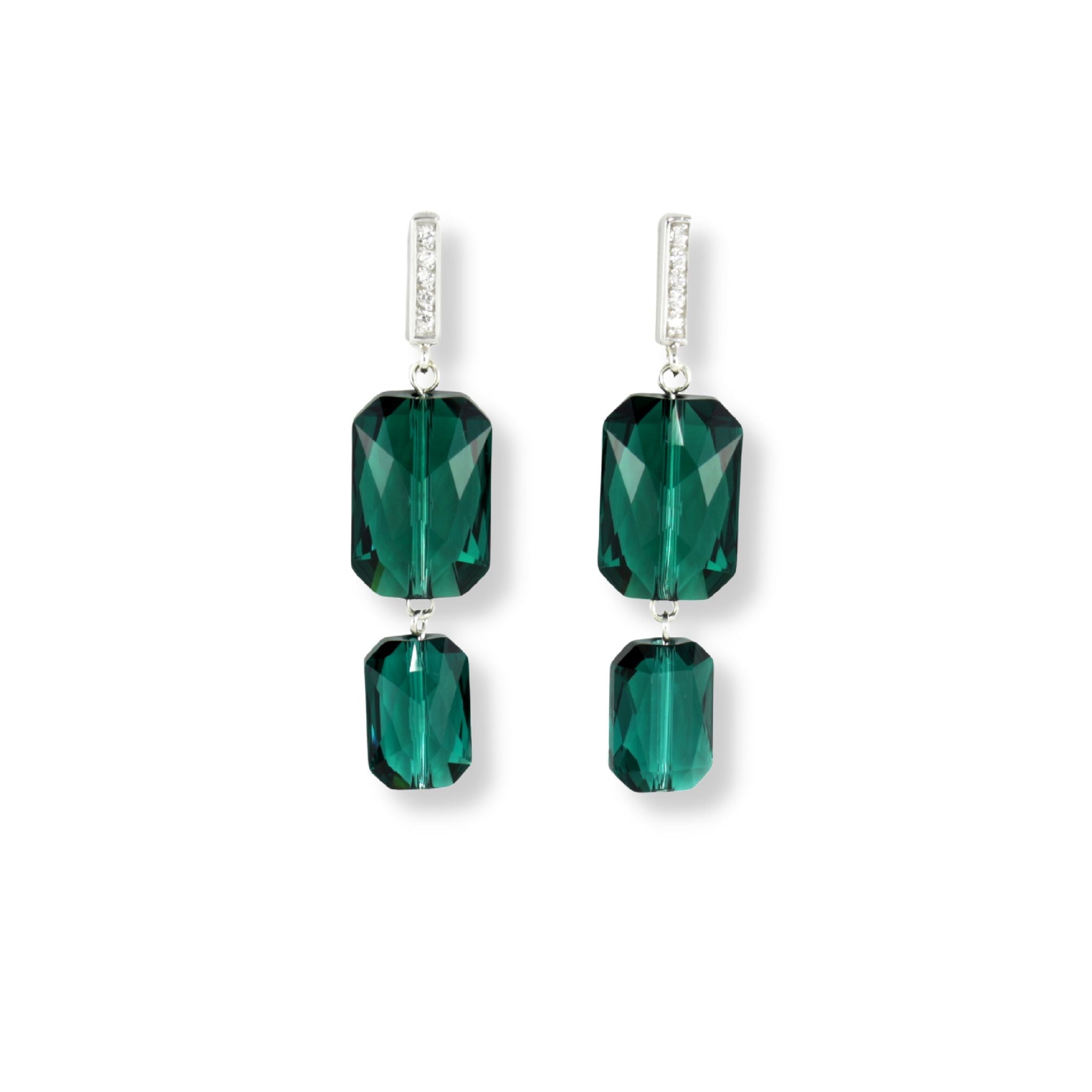 Emerald cut Swarovski crystal pendant earrings in a rich emerald green color, displayed on a cubic zirconia and sterling silver rectangle ear stud