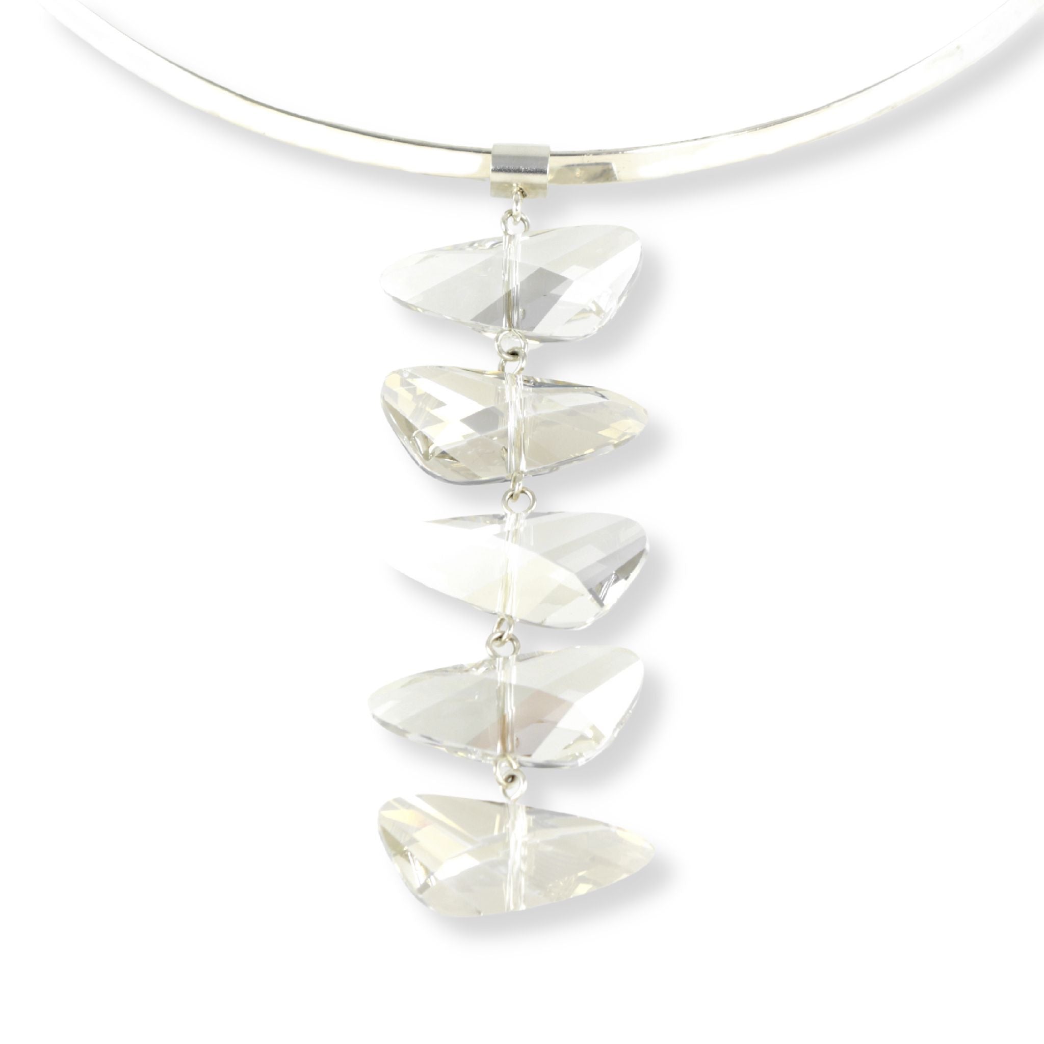 Swarovski crystal pendant necklace with five reflective light silver colored wing shaped crystals on a single removeable strand. Displayed on a silver plated brass torque neck wire.