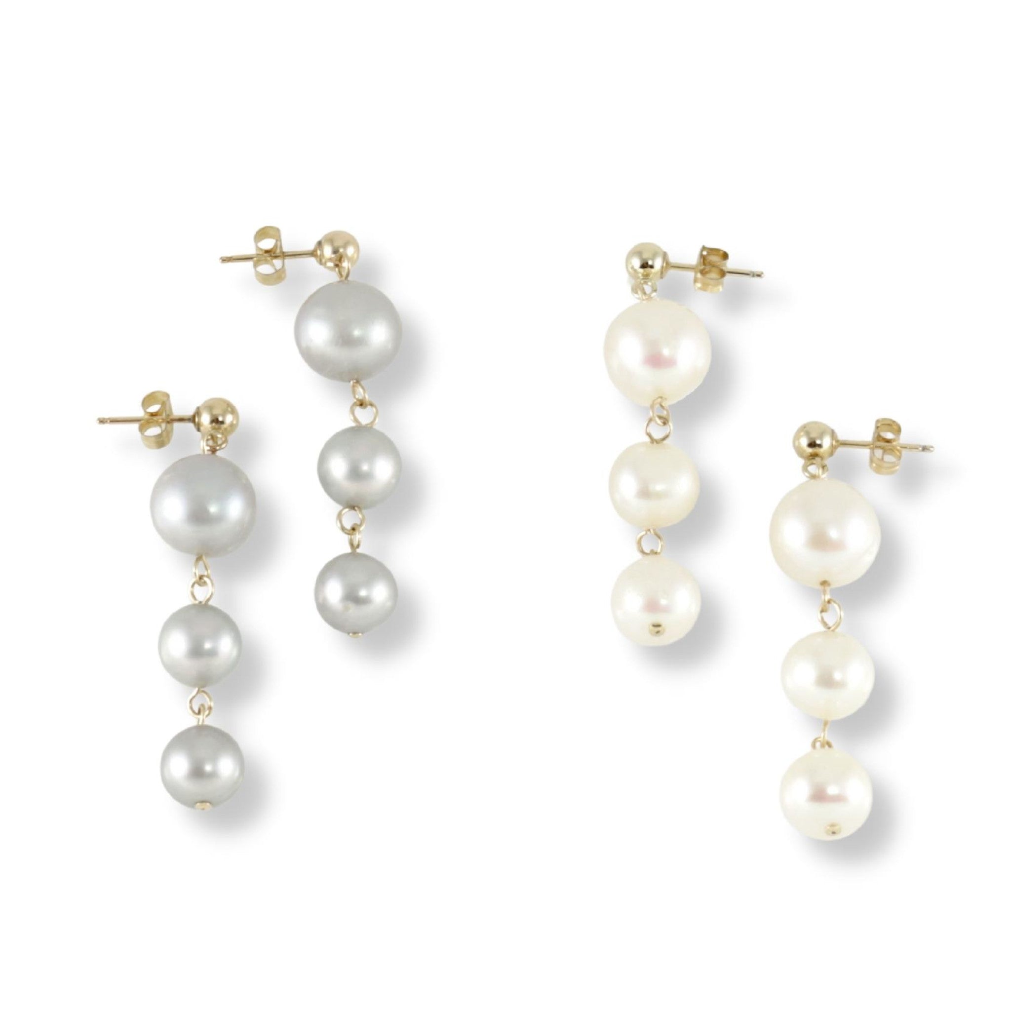 Freshwater three pearl pendant dangle earrings with 14 karat gold filled links and studs. Earrings come in either grey or white pearls.