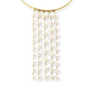 Freshwater pearl necklace with 5 removeable and interchangeable strands , connected with 14 karat gold filled links and on a 14 karat gold plated brass neck wire.