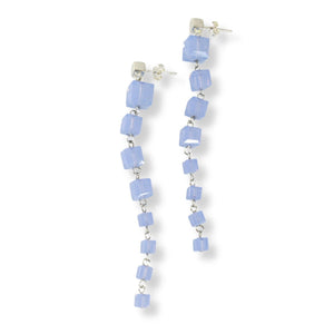 Powdery light blue Swarovski cube dangle earrings pieced together with sterling silver link and post. 