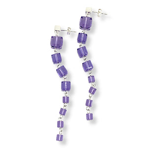 Lightweight, cube shaped earrings made with Swarovski crystals in the color purple Tanzanite, pieced together with sterling silver links